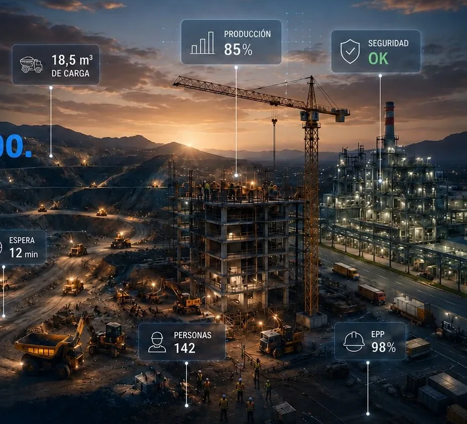 Infografía de operaciones industriales: minería, construcción y manufactura