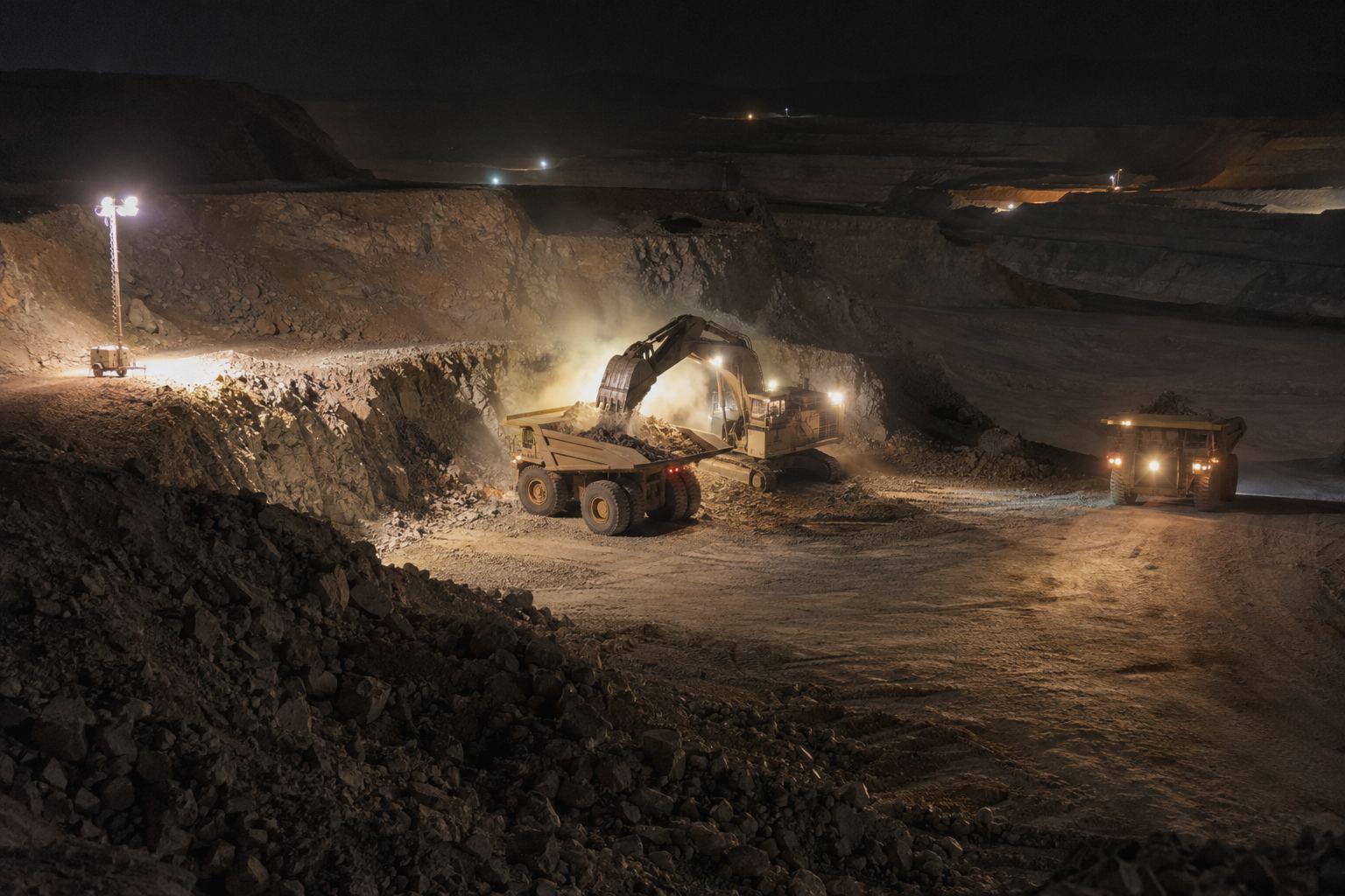 Excavadora y camión trabajando de noche